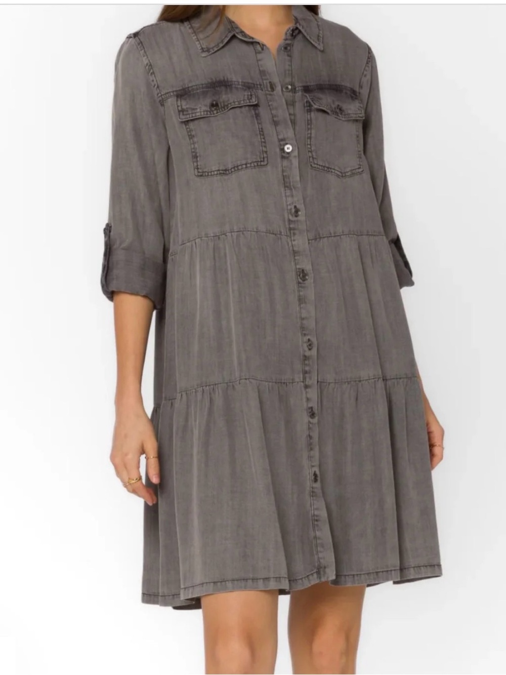 Velvet Heart Washed Gray Button-Front Tiered Mini Dress